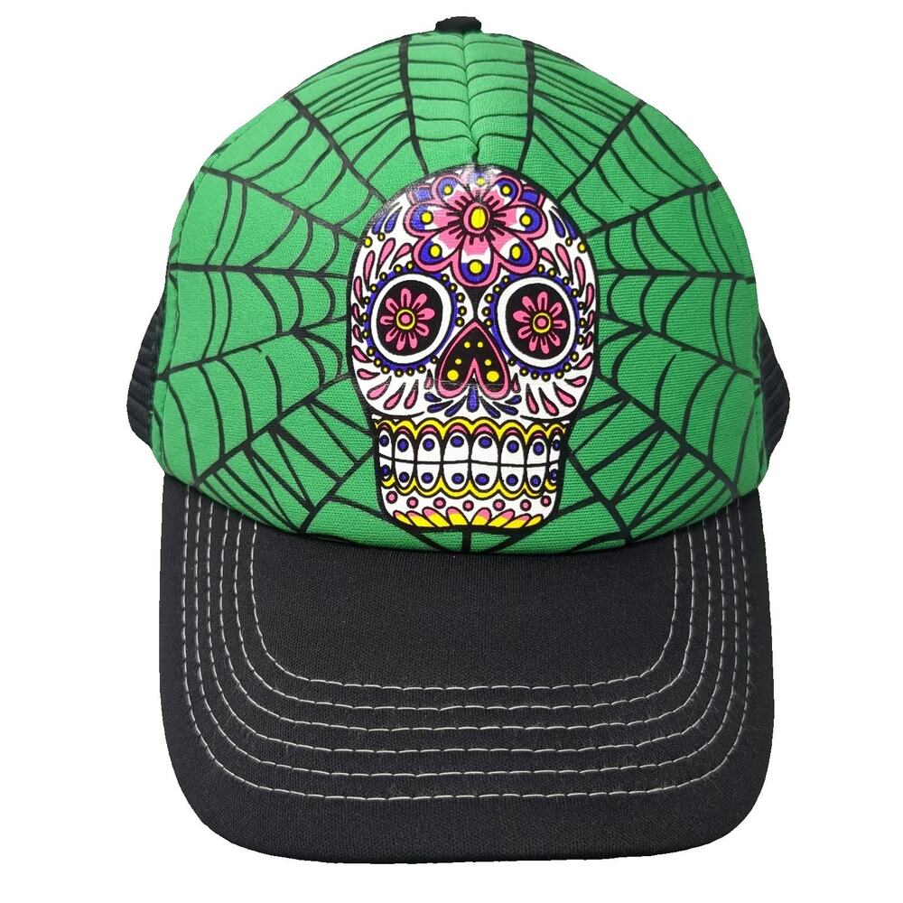 Hollywood Mirror Trucker Hat Green OSFM Sugar Skull Spiderweb Mesh Black Brim